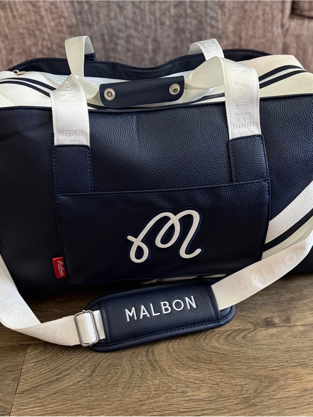 Malbon Navy and White Golf Duffle Bag with Patch Logo